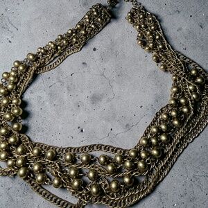 Vintage Gold Tone Multi Chain Necklace Beaded Statement Collar Layered Industria